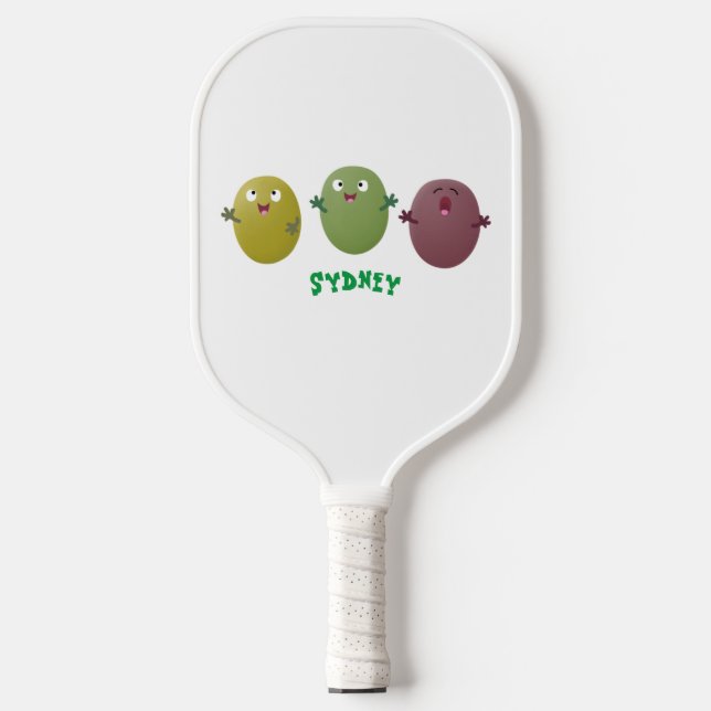 Cute happy olives singing cartoon pickleball paddle (Front)