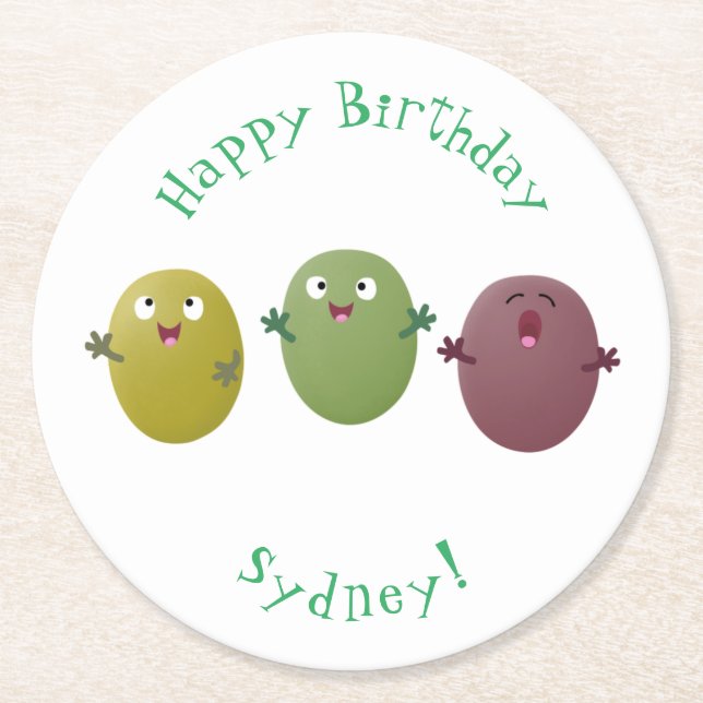 Cute happy olives singing cartoon round paper coaster (Front)
