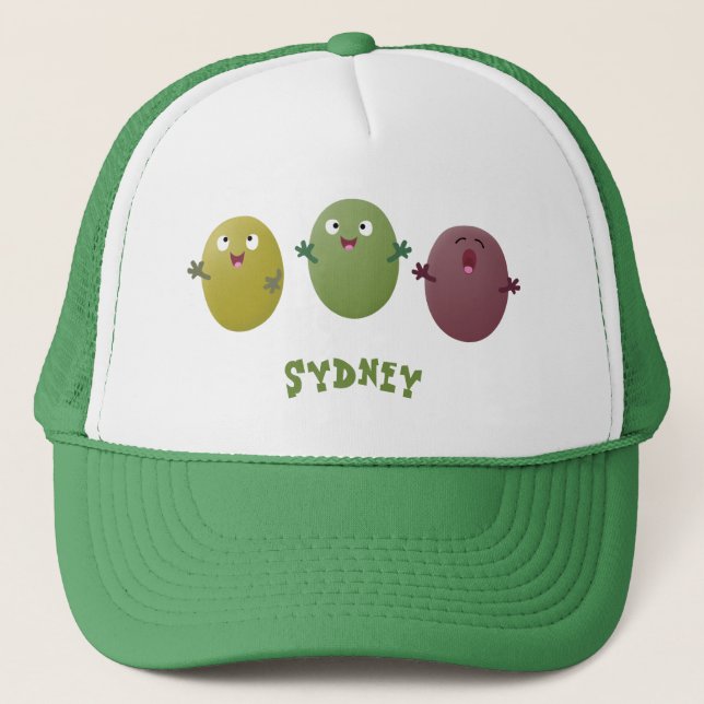Cute happy olives singing cartoon trucker hat (Front)