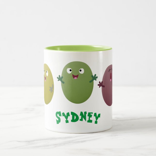Cute happy olives singing cartoon Two-Tone coffee mug (Center)