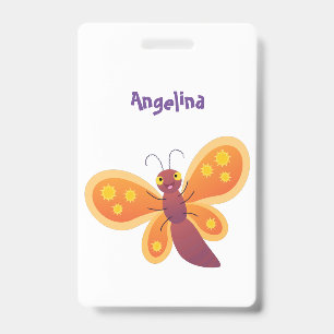 Cute happy orange butterfly cartoon illustration badge