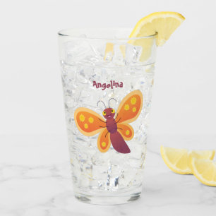 Cute happy orange butterfly cartoon illustration glass
