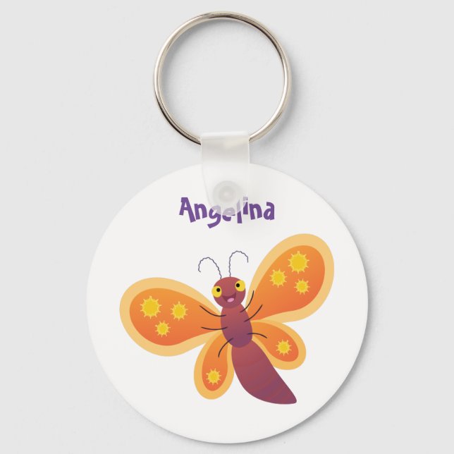 Cute happy orange butterfly cartoon illustration keychain (Front)