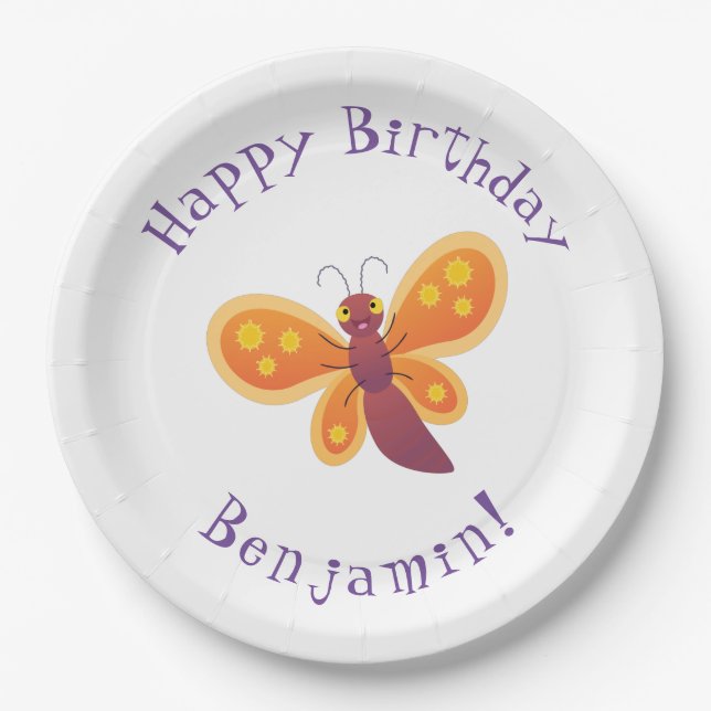 Cute happy orange butterfly cartoon illustration paper plate (Front)