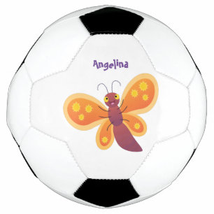 Cute happy orange butterfly cartoon illustration soccer ball