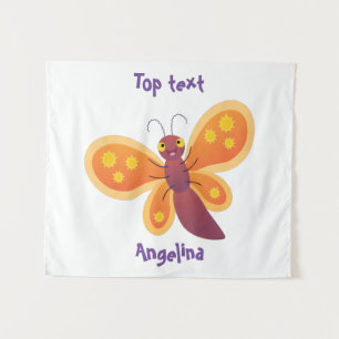 Cute happy orange butterfly cartoon illustration tapestry