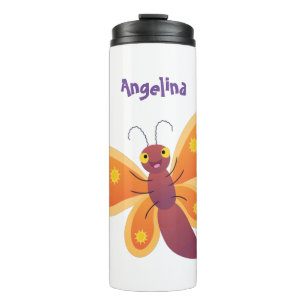 Cute happy orange butterfly cartoon illustration thermal tumbler
