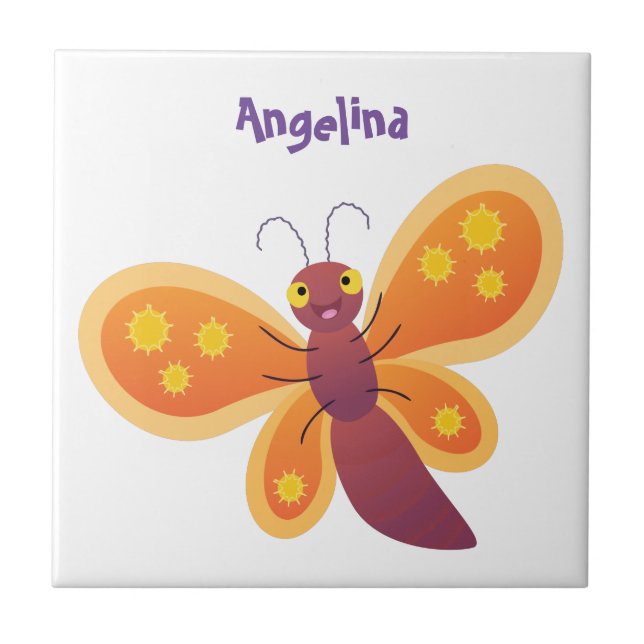 Cute happy orange butterfly cartoon illustration tile (Front)