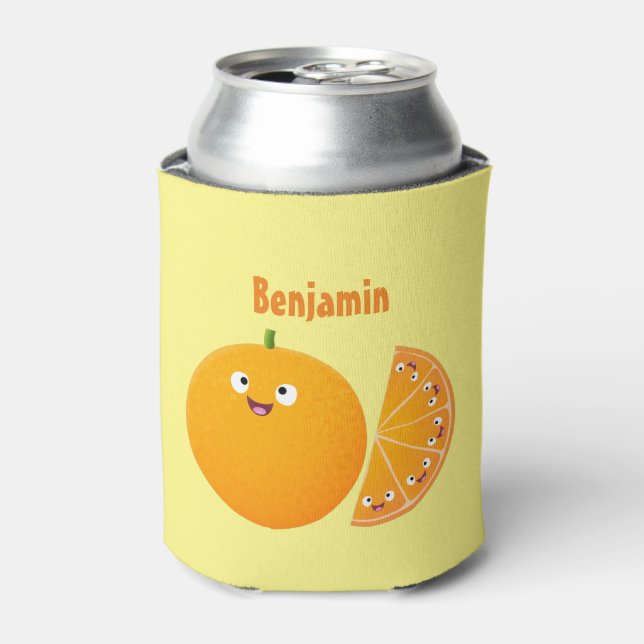 Cute happy orange citrus fruit cartoon can cooler (Can Front)
