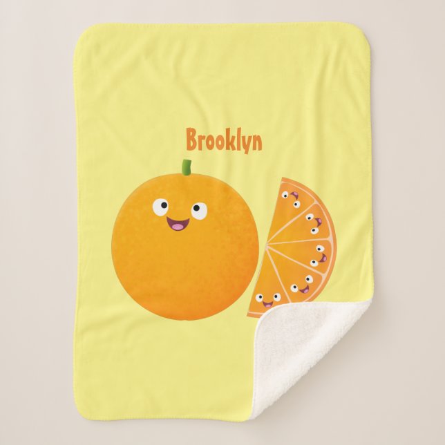 Cute happy orange citrus fruit cartoon sherpa blanket (Front)