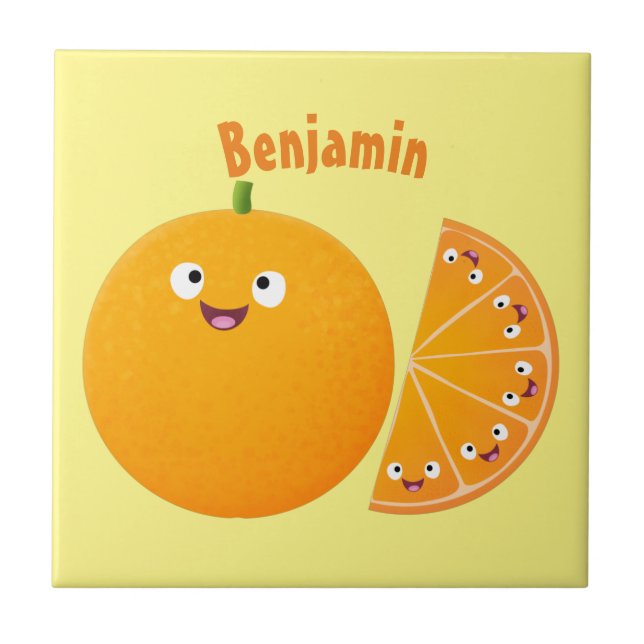 Cute happy orange citrus fruit cartoon  tile (Front)