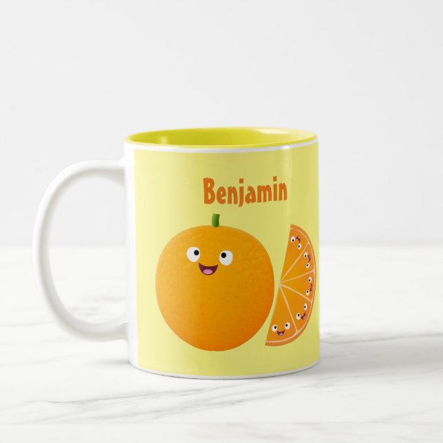 Cute happy orange citrus fruit cartoon Two-Tone coffee mug (Left)