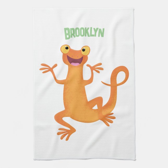 Cute happy orange dancing newt kitchen towel (Vertical)