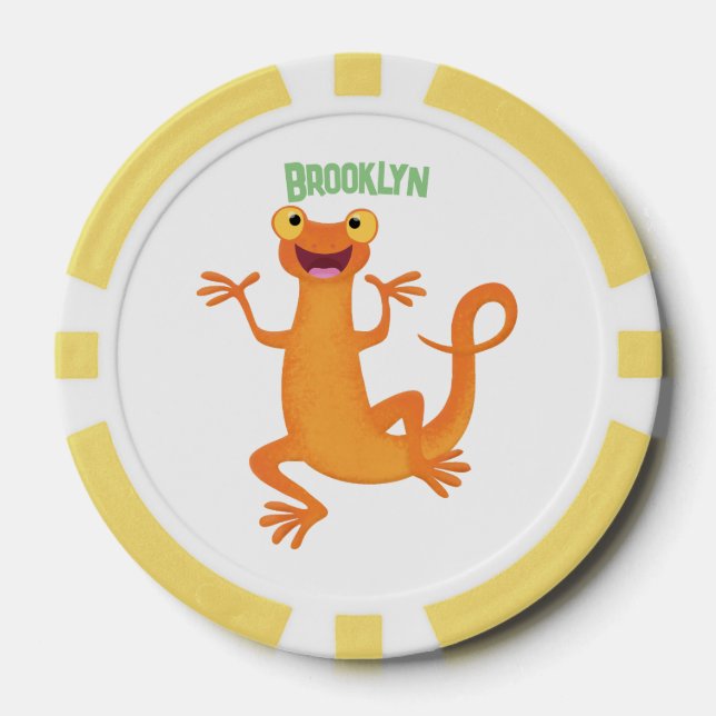 Cute happy orange dancing newt poker chips (Front)
