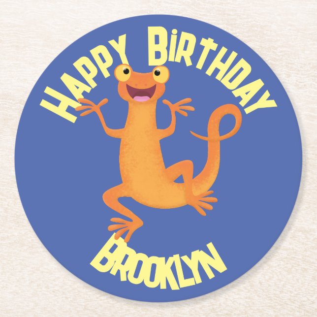 Cute happy orange dancing newt  round paper coaster (Front)