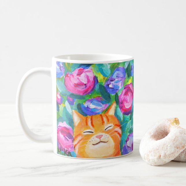 Cute Happy Orange Tabby Cat with Flowers Cat Lover Coffee Mug (With Donut)