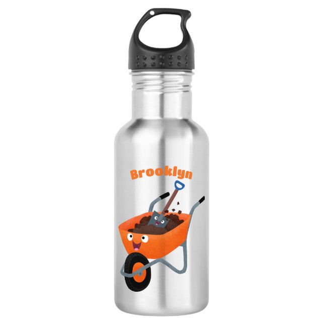 Cute happy orange wheelbarrow cartoon illustration 532 ml water bottle (Front)