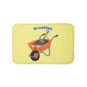 Cute happy orange wheelbarrow cartoon illustration bath mat