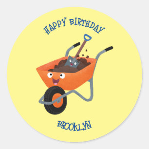 Cute happy orange wheelbarrow cartoon illustration classic round sticker