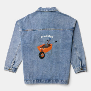 Cute happy orange wheelbarrow cartoon illustration denim jacket