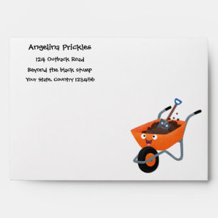 Cute happy orange wheelbarrow cartoon illustration envelope
