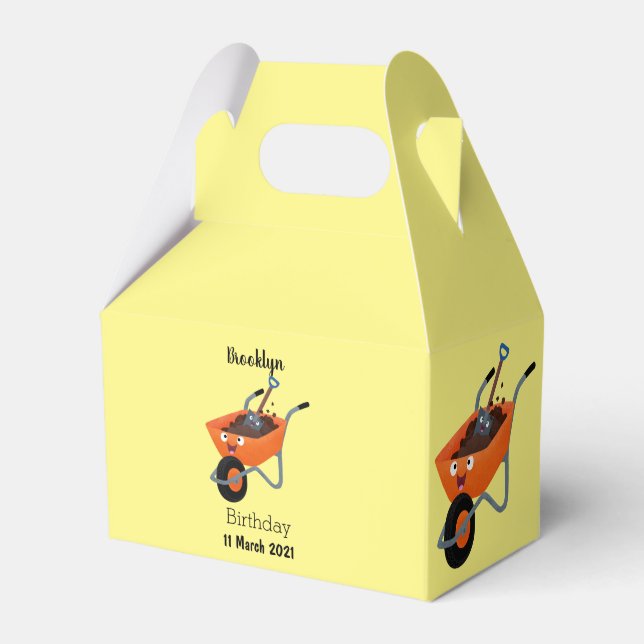 Cute happy orange wheelbarrow cartoon illustration favor box (Front Side)