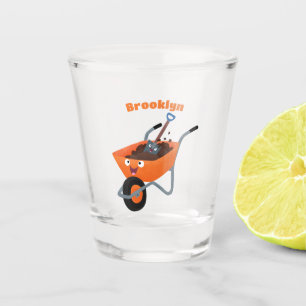 Cute happy orange wheelbarrow cartoon illustration shot glass