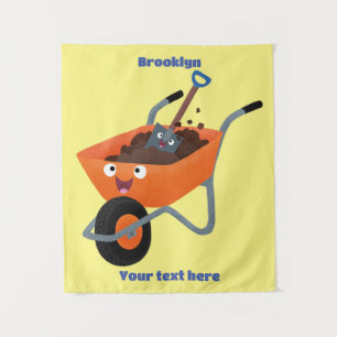 Cute happy orange wheelbarrow cartoon illustration tapestry