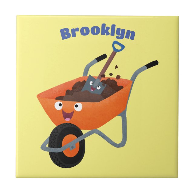 Cute happy orange wheelbarrow cartoon illustration tile (Front)