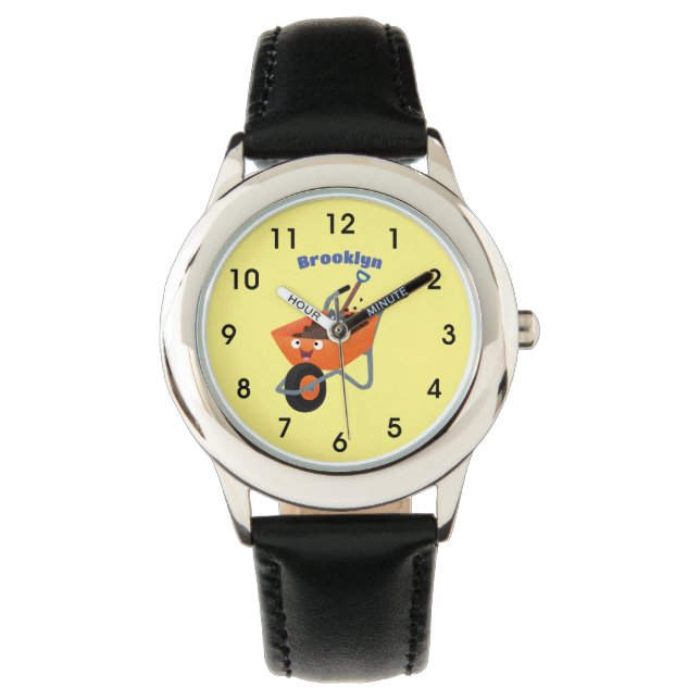 Cute happy orange wheelbarrow cartoon illustration watch (Front)