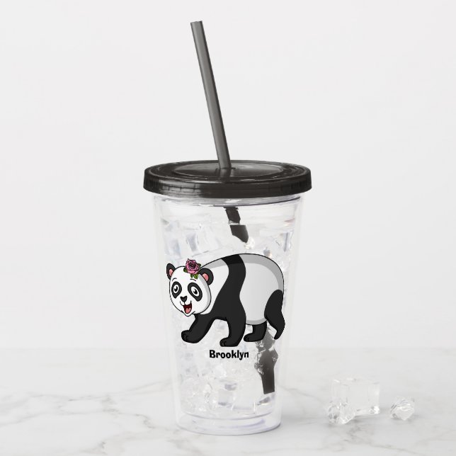 Cute happy panda bear with flower cartoon  acrylic tumbler (Front Ice)