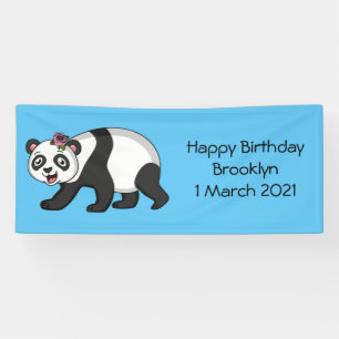 Cute happy panda bear with flower cartoon banner