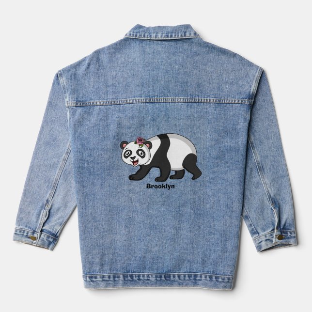 Cute happy panda bear with flower cartoon  denim jacket (Back)