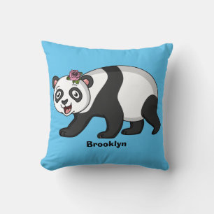 Cute happy panda bear with flower cartoon throw pillow