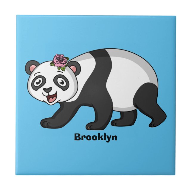 Cute happy panda bear with flower cartoon tile (Front)
