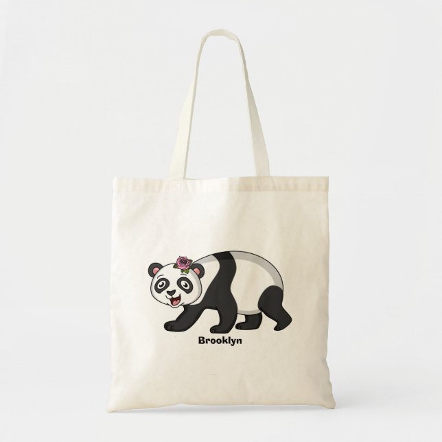 Cute happy panda bear with flower cartoon tote bag (Front)