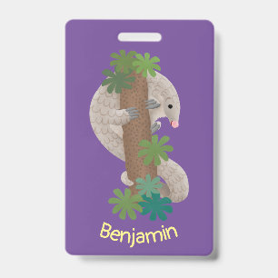 Cute happy pangolin anteater illustration badge