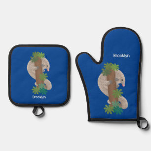 Cute happy pangolin anteater illustration oven mitt & pot holder set
