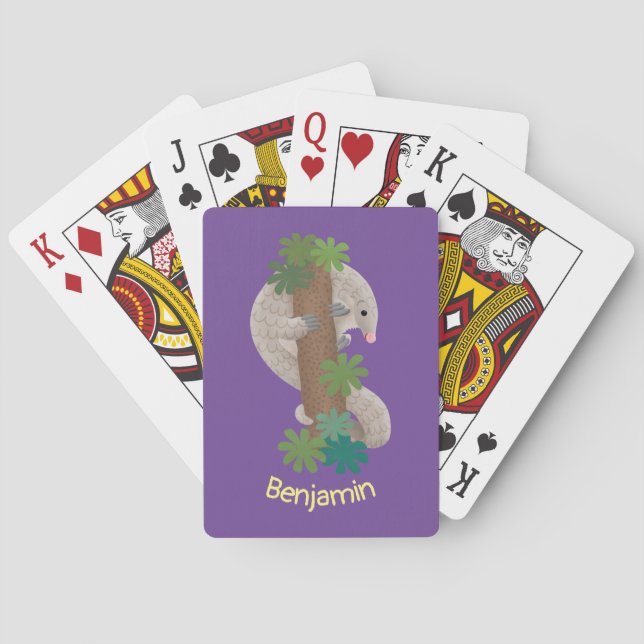 Cute happy pangolin anteater illustration playing cards (Back)
