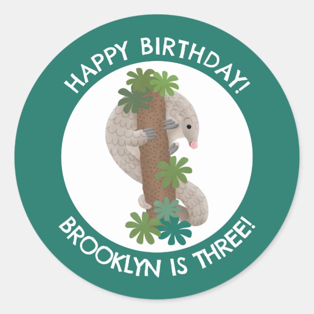 Cute happy pangolin anteater personalized birthday classic round sticker (Front)