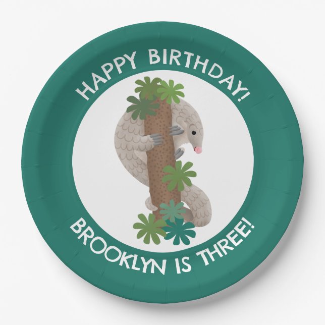 Cute happy pangolin anteater personalized birthday paper plate (Front)