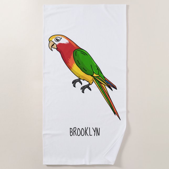 Cute happy parrot cartoon illustration beach towel (Front)