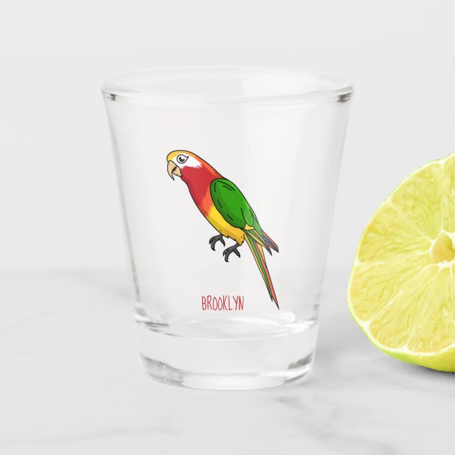 Cute happy parrot cartoon illustration shot glass (Front)