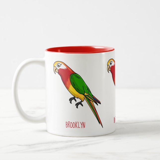 Cute happy parrot cartoon illustration Two-Tone coffee mug (Left)