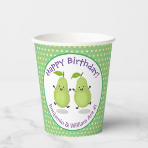 Cute happy pears twins cartoon illustration paper cups