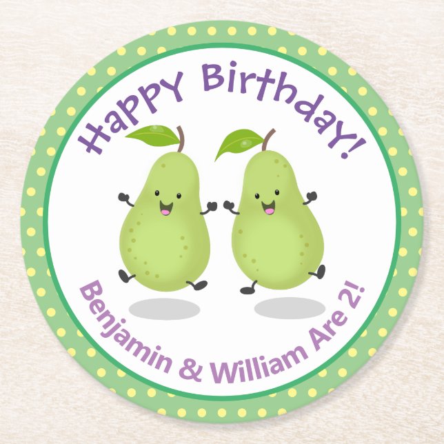 Cute happy pears twins cartoon illustration round paper coaster (Front)