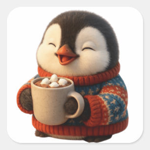 Cute Happy Penguin in Sweater Hot Cocoa Square Sticker