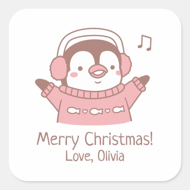 Cute Happy Penguin in Sweater, Merry Christmas Square Sticker (Front)