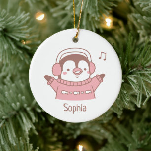 Cute Happy Penguin in Sweater Personalized Ceramic Ornament