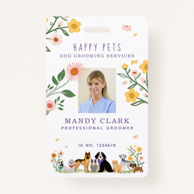 Cute Happy Pet Family Pet Care & Grooming Photo Badge (Front)